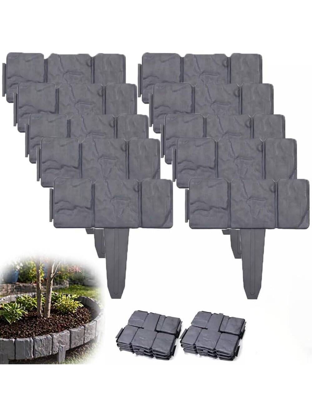 20-Pack Interlocking Gray Plastic Garden Fence Panels with Stone Texture - 16.4-